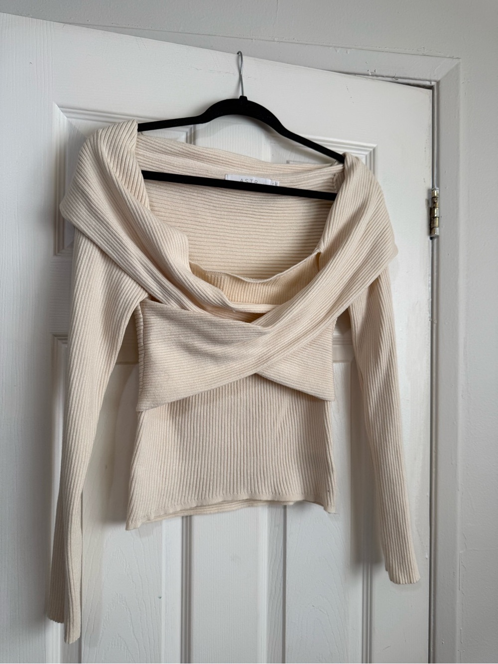 Astr Twisted Off-Shoulder Ribbed Sweater - Cream